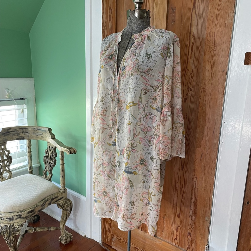 Lucky Brand Sheer Floral Cover Up Tunic Dress XL Ruffle Sleeve Boho Beach 💚🎀 - Picture 4 of 9